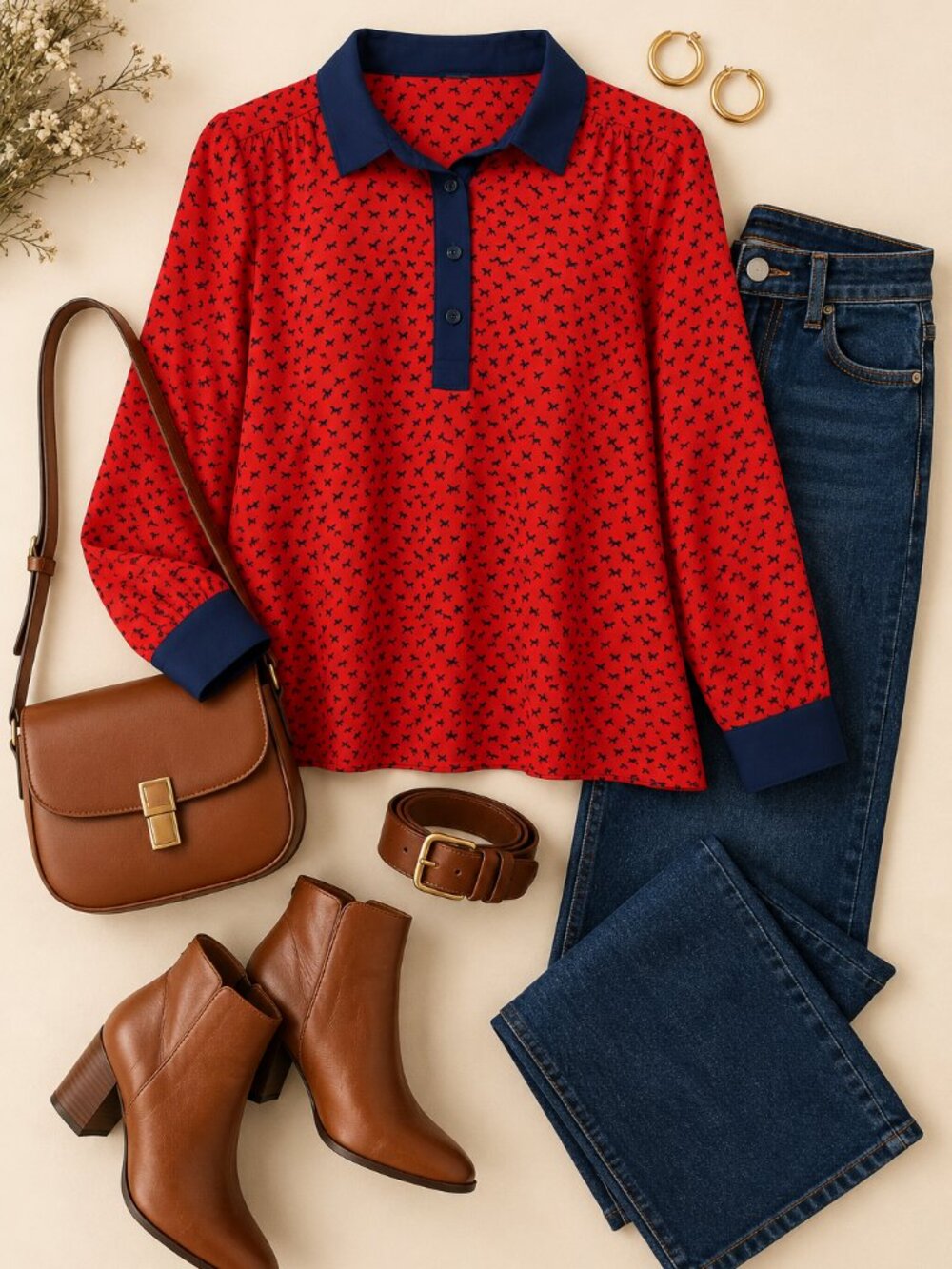 Free People Horse Print Blouse S Red Navy Equestrian Long Sleeve Tunic